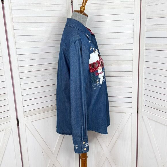 Karen Scott Embroidered Country Christmas Denim Button Up Shirt Blue Medium - Picture 5 of 12